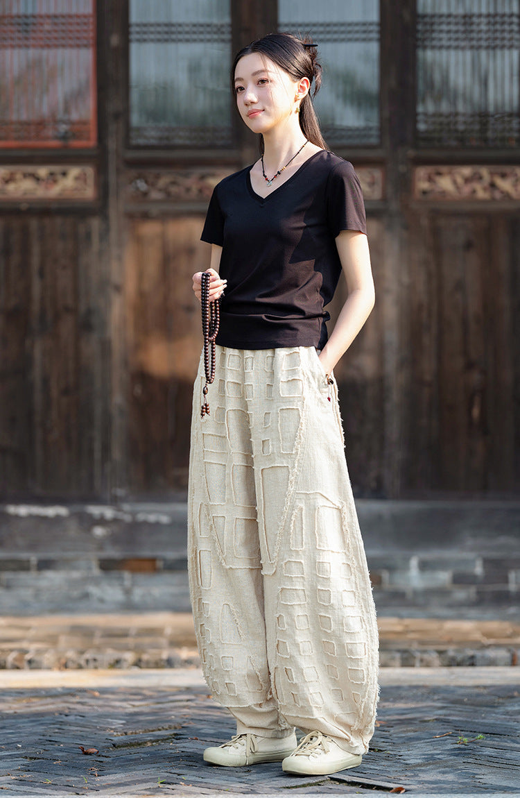 2025 Spring/Summer Original Linen Patchwork Natural Frayed Hem Meditation Harem Pants – Unisex Loose Boho Pants