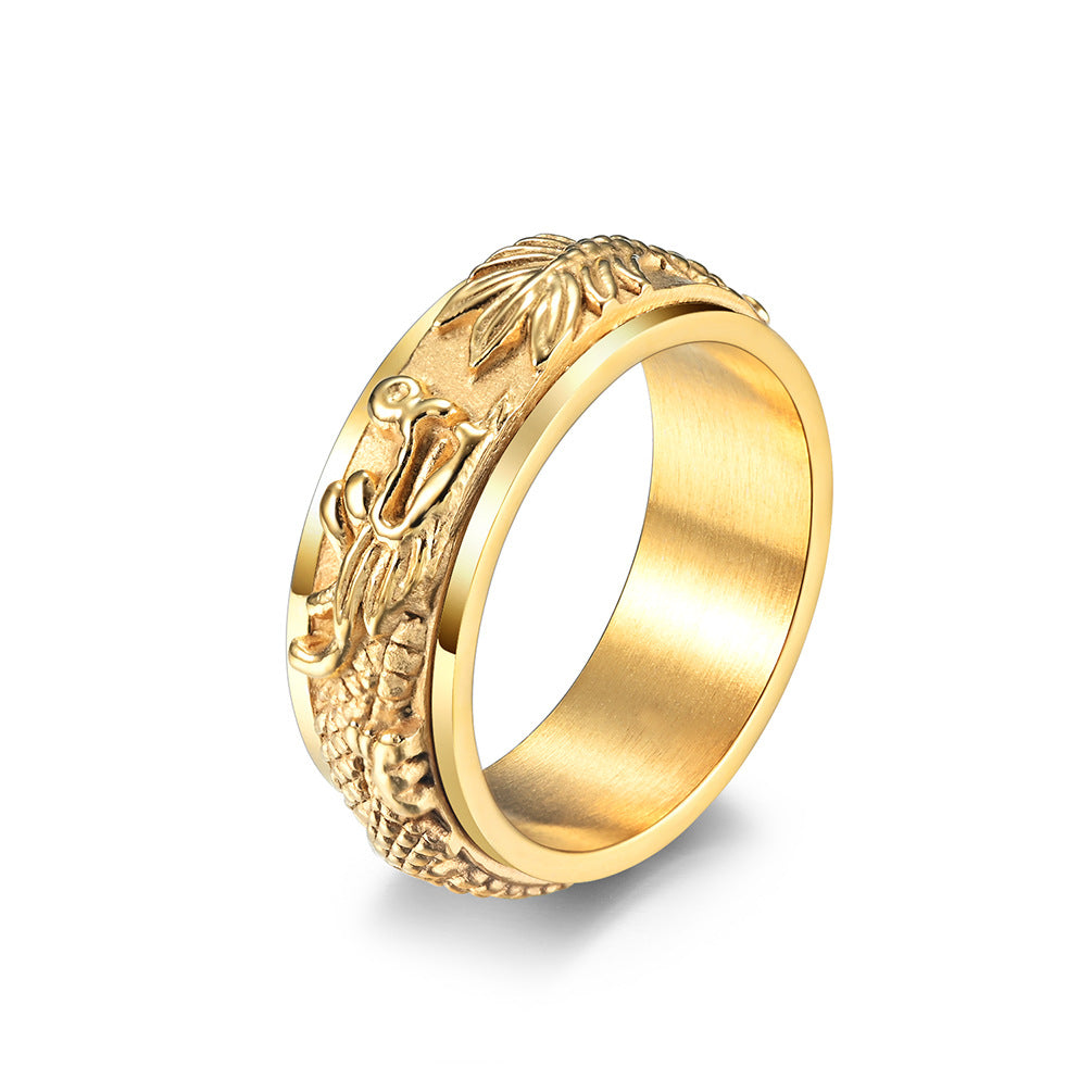 Chinese Dragon Spinning Meditation Ring for Stress Relief - Rotatable Feng Shui Men's Titanium Steel Ring
