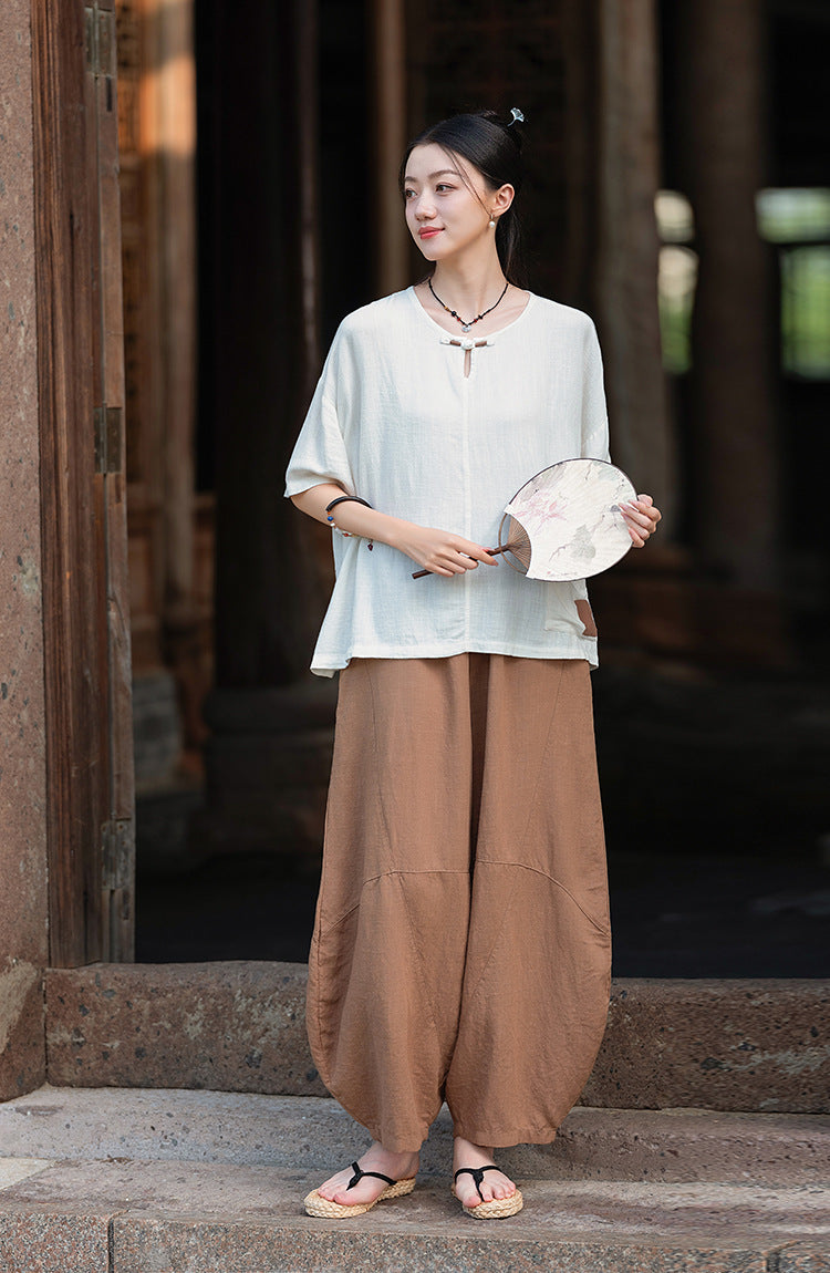 2025 Summer New Retro Zen Casual Pants Women – Linen & Tencel Washed High Waist Wide Leg Culottes for Meditation & Lounge