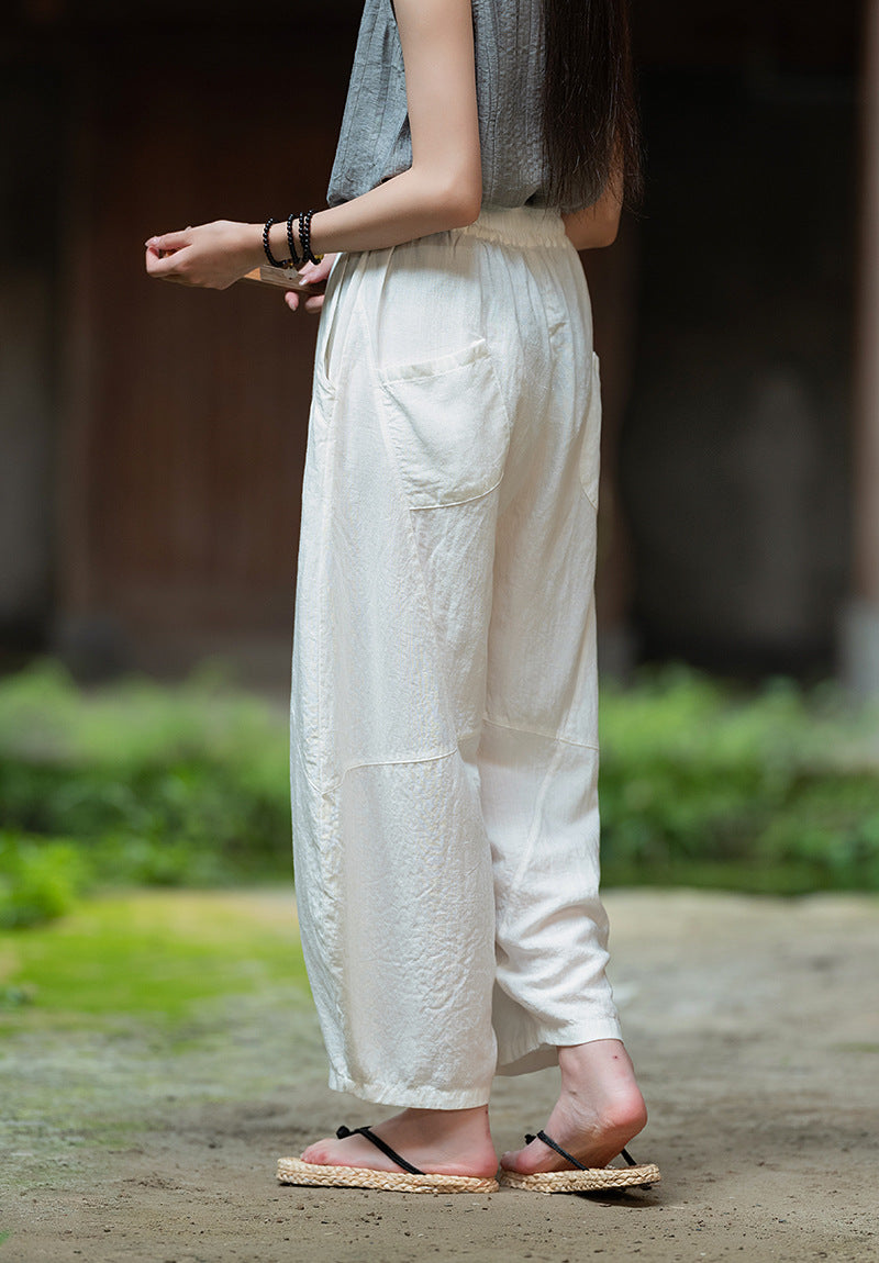 2025 Summer New Retro Zen Casual Pants Women – Linen & Tencel Washed High Waist Wide Leg Culottes for Meditation & Lounge