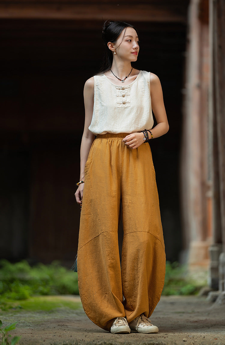 Ramie Sand-Washed Vintage Loose Bohemian Pants Women's Harem Pants – Cotton Linen Meditation Yoga Tai Chi Pants