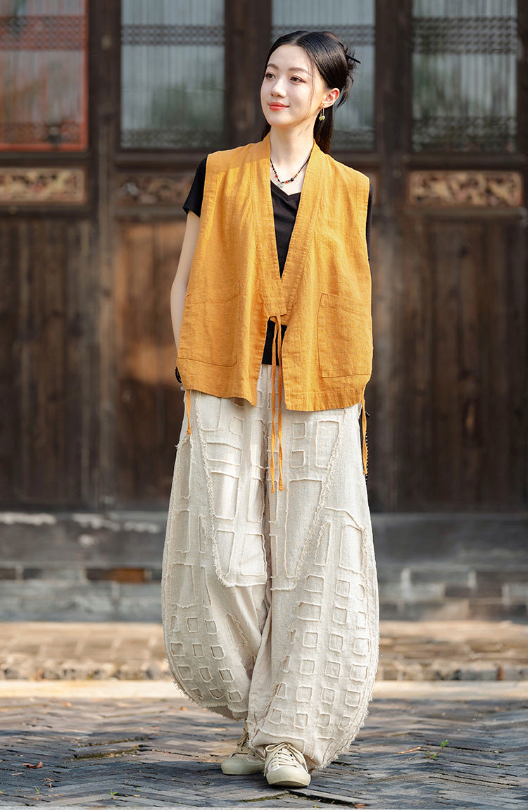 2025 Spring/Summer Original Linen Patchwork Natural Frayed Hem Meditation Harem Pants – Unisex Loose Boho Pants