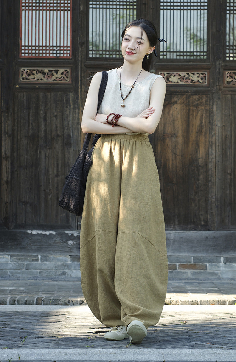 Ramie Sand-Washed Vintage Loose Bohemian Pants Women's Harem Pants – Cotton Linen Meditation Yoga Tai Chi Pants