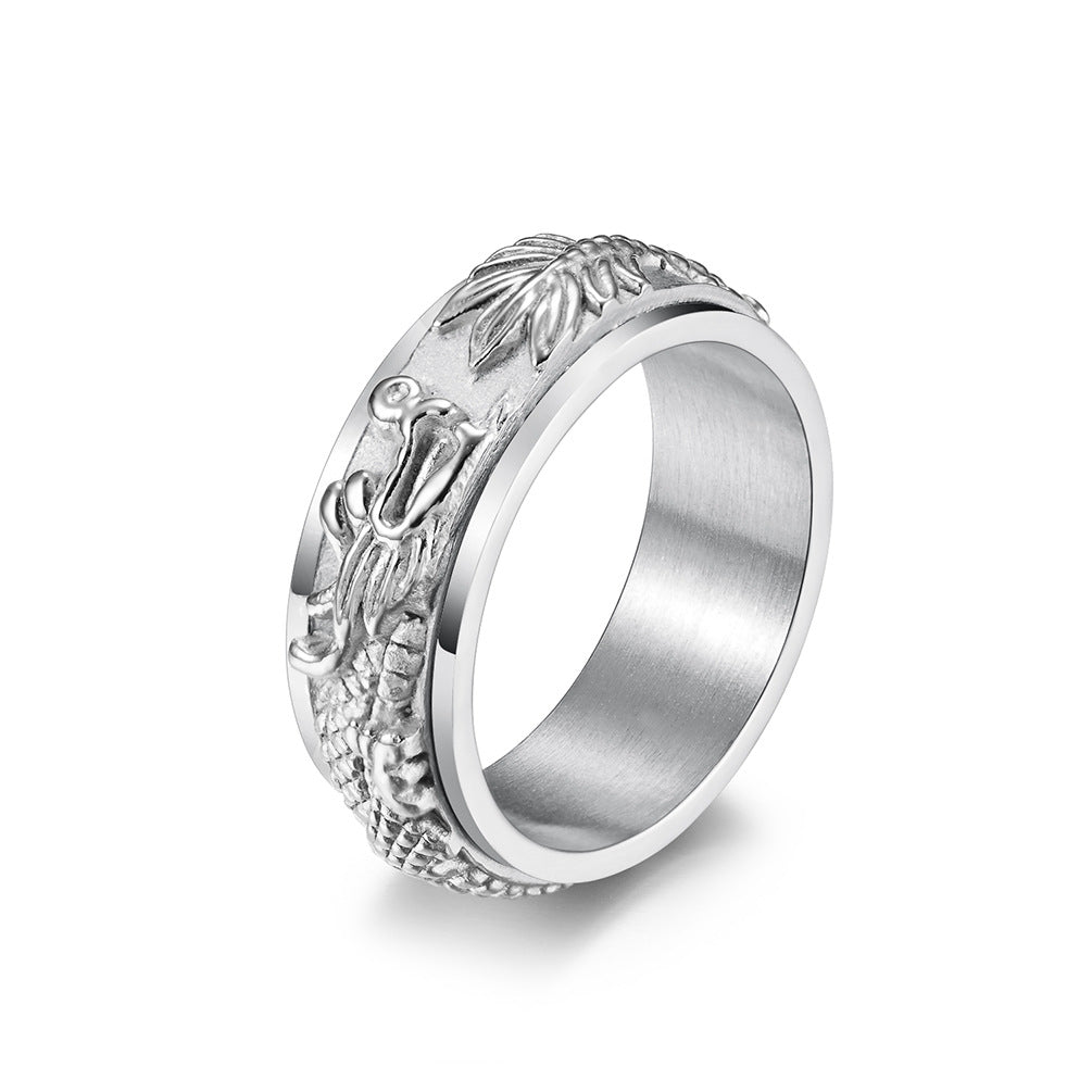 Chinese Dragon Spinning Meditation Ring for Stress Relief - Rotatable Feng Shui Men's Titanium Steel Ring