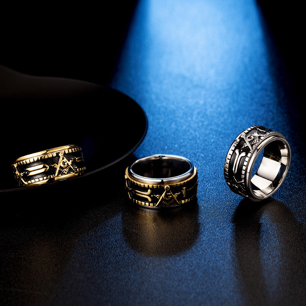 Rotatable Titanium Masonic Ring - Large Spinner Ring for Meditation, Stress Relief & Anxiety