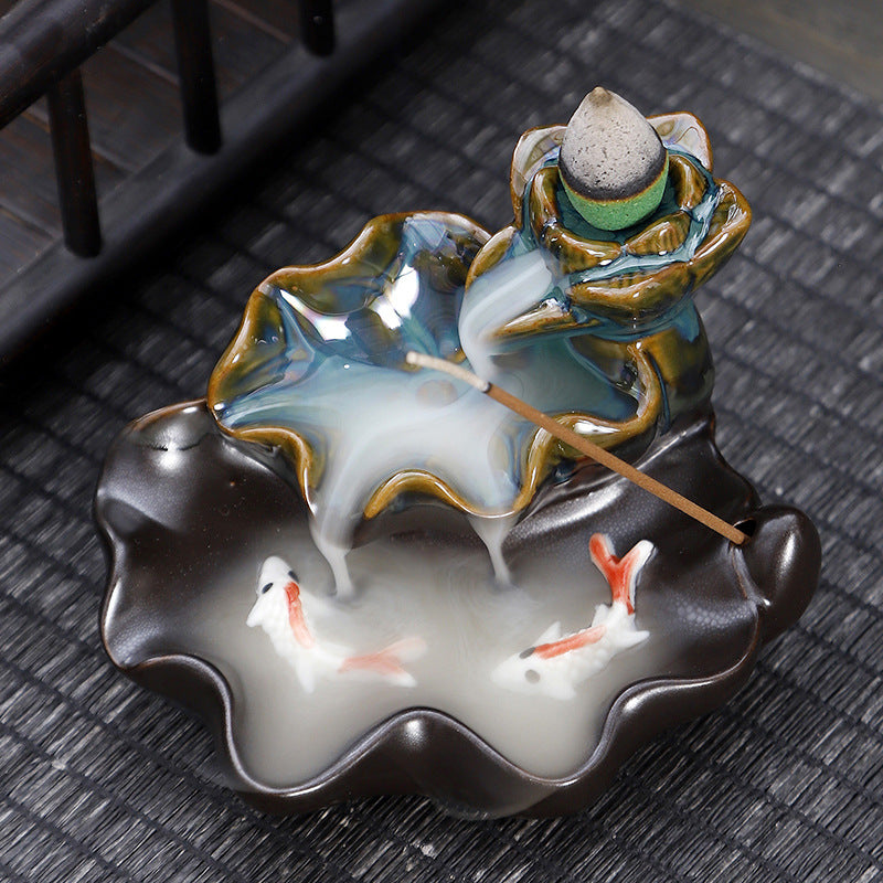 Ceramic Backflow Incense Burner – Handmade Zen Double Fish Design, Reflow Incense Holder for Home Decor, Meditation