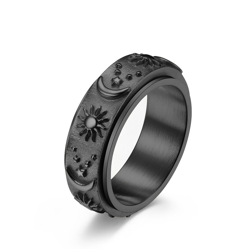 Spinning Sun Moon Stars Ring | Rotating Charm Titanium Steel Fidget Jewelry | Unisex