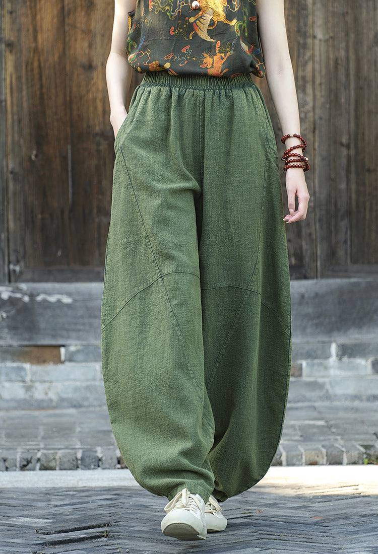 Ramie Sand-Washed Vintage Loose Bohemian Pants Women's Harem Pants – Cotton Linen Meditation Yoga Tai Chi Pants