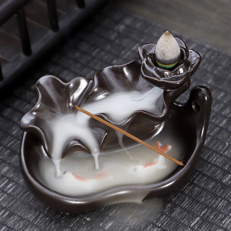 Ceramic Backflow Incense Burner – Handmade Zen Double Fish Design, Reflow Incense Holder for Home Decor, Meditation