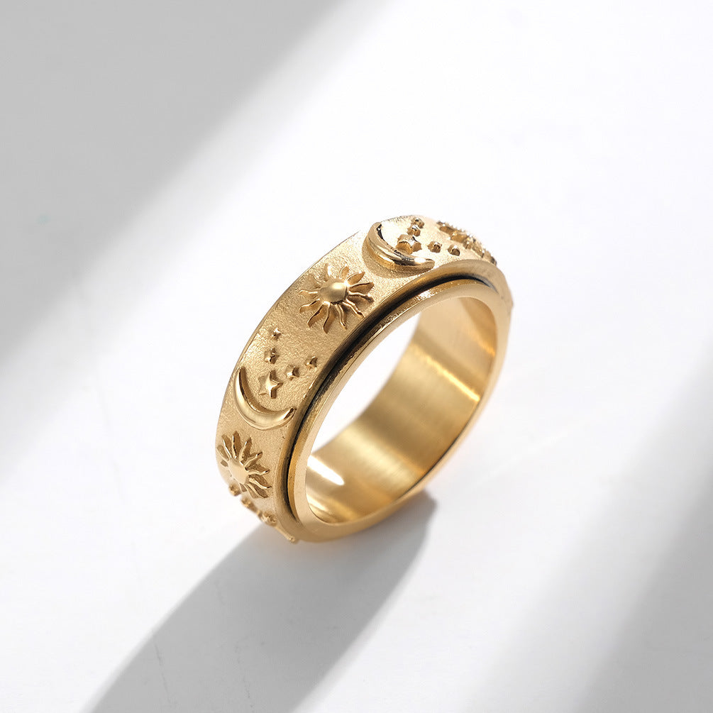 Spinning Sun Moon Stars Ring | Rotating Charm Titanium Steel Fidget Jewelry | Unisex