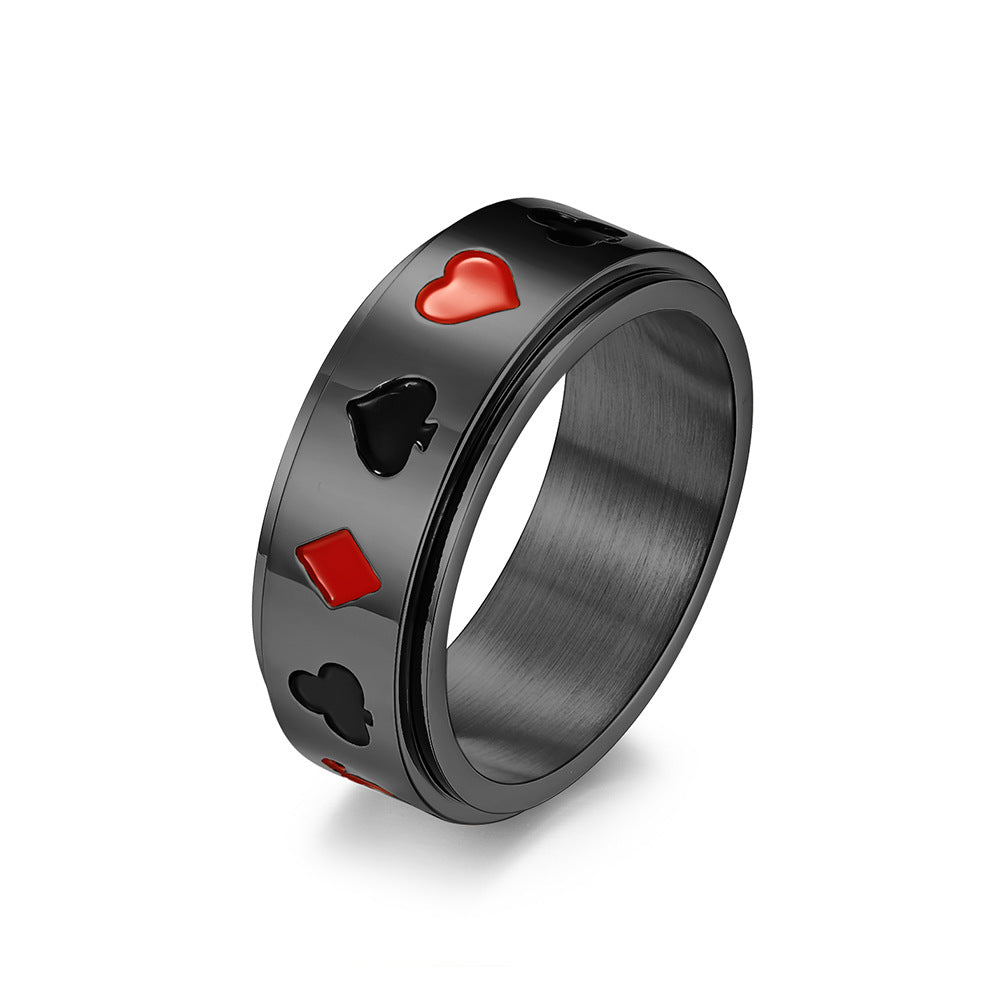 Spade Heart Club Diamond Poker Pattern Titanium Steel Spinning Meditation Ring for Anxiety Relief & Stress Reduction (Unisex)