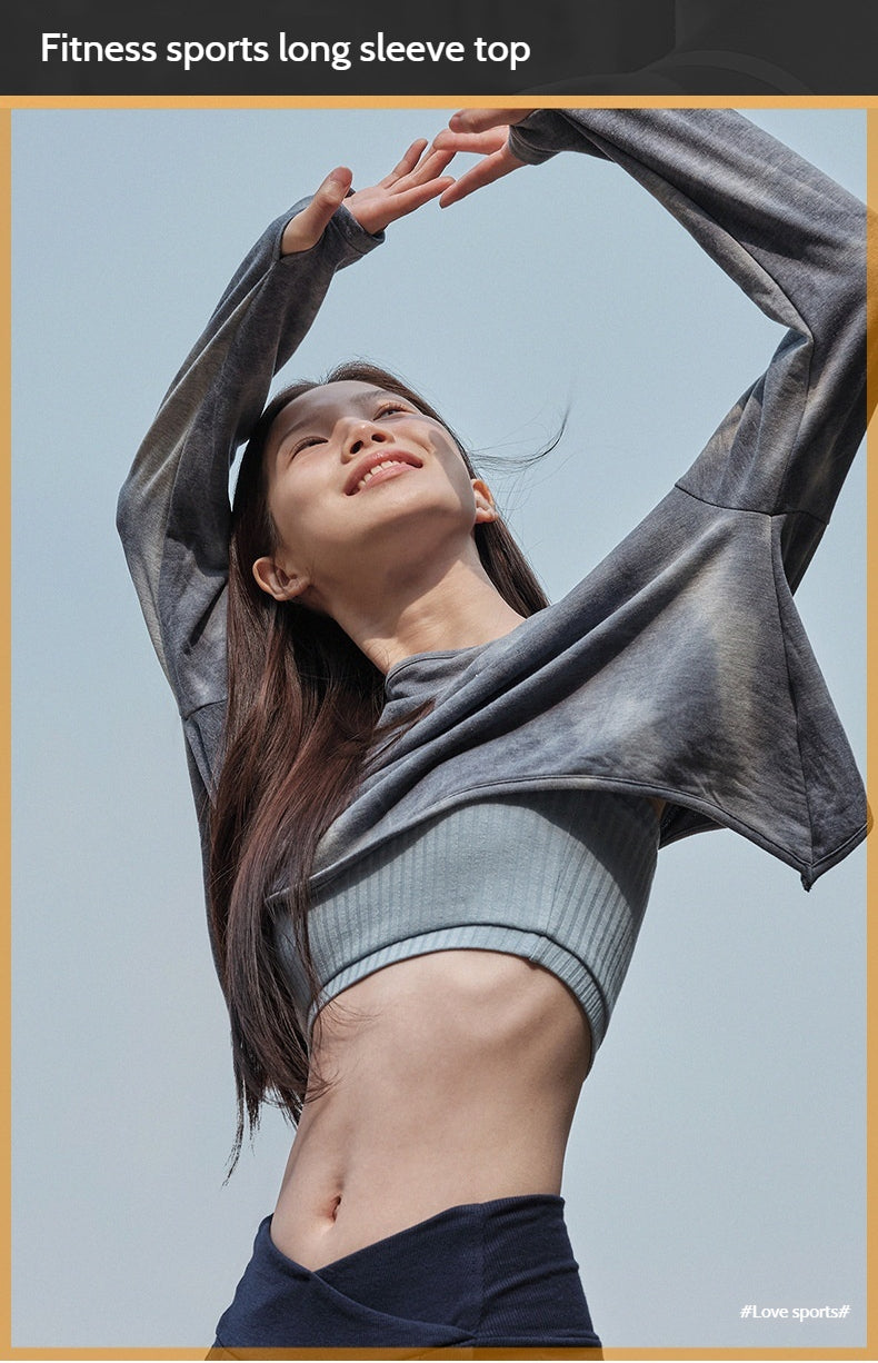 Tie-Dye Camouflage Long Sleeve Yoga Tops for Women, Short Cropped Sports Shirt with Back Cutout, Moisture-Wicking Workout Tee