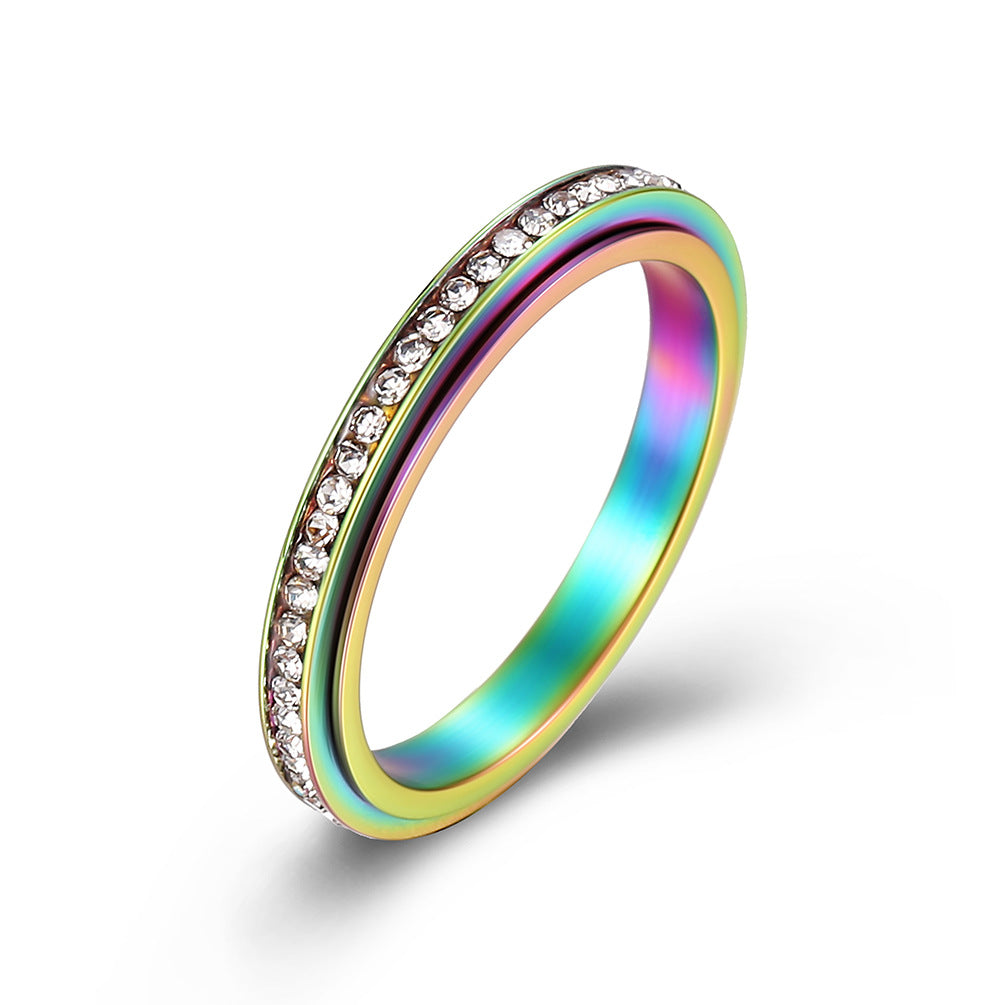 INS Minimalist 3mm Full Diamond Rotating Titanium Steel Meditation Anxiety Relief Ring, Stackable Elegant Stress-Relief Pinky Ring for Women