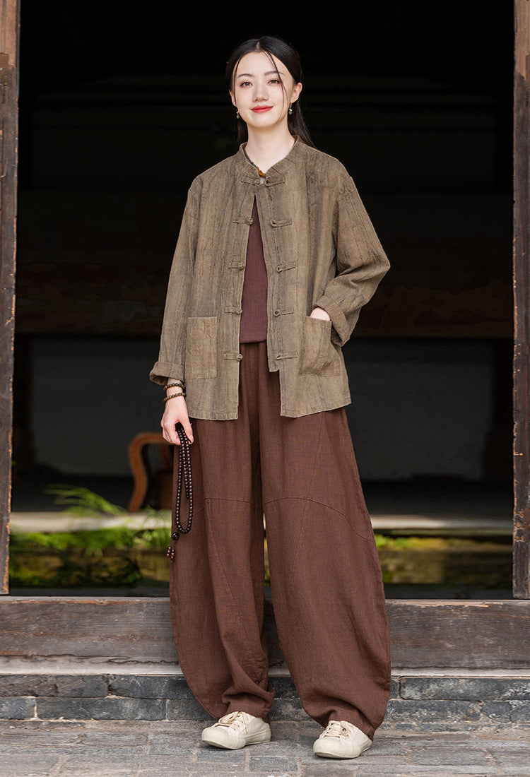 Ramie Sand-Washed Vintage Loose Bohemian Pants Women's Harem Pants – Cotton Linen Meditation Yoga Tai Chi Pants