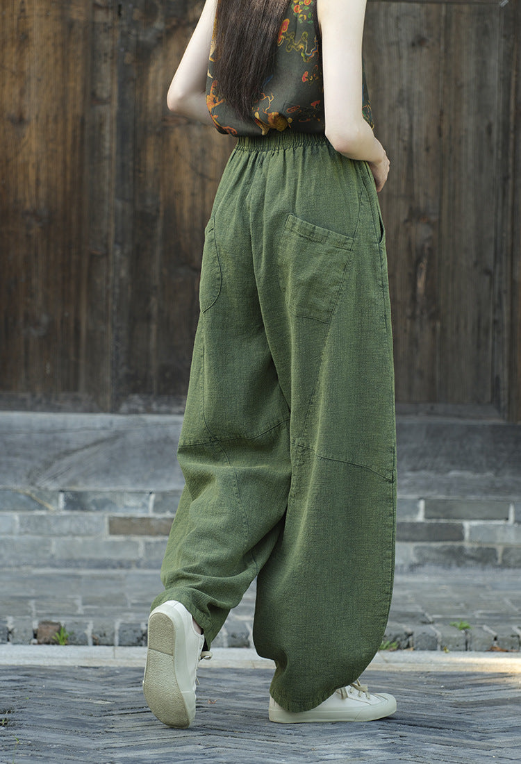 Ramie Sand-Washed Vintage Loose Bohemian Pants Women's Harem Pants – Cotton Linen Meditation Yoga Tai Chi Pants