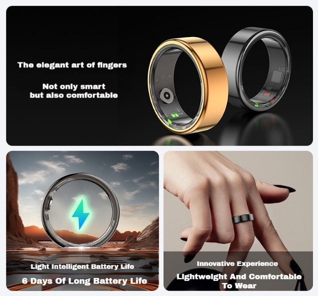 R02 Smart Ring – Waterproof Blood Oxygen Monitor, Sleep Tracker, Heart Rate Monitor, Fitness & Photo Smart Ring (Black/Gold, Multiple Sizes)
