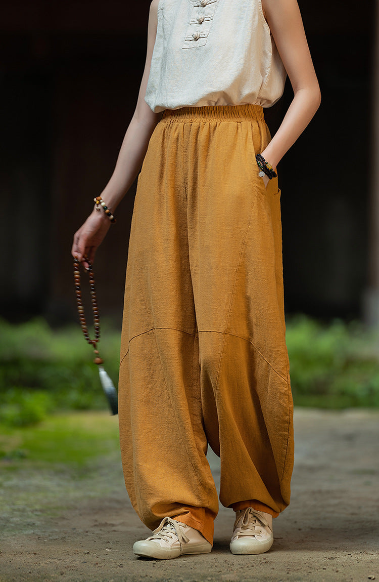 Ramie Sand-Washed Vintage Loose Bohemian Pants Women's Harem Pants – Cotton Linen Meditation Yoga Tai Chi Pants