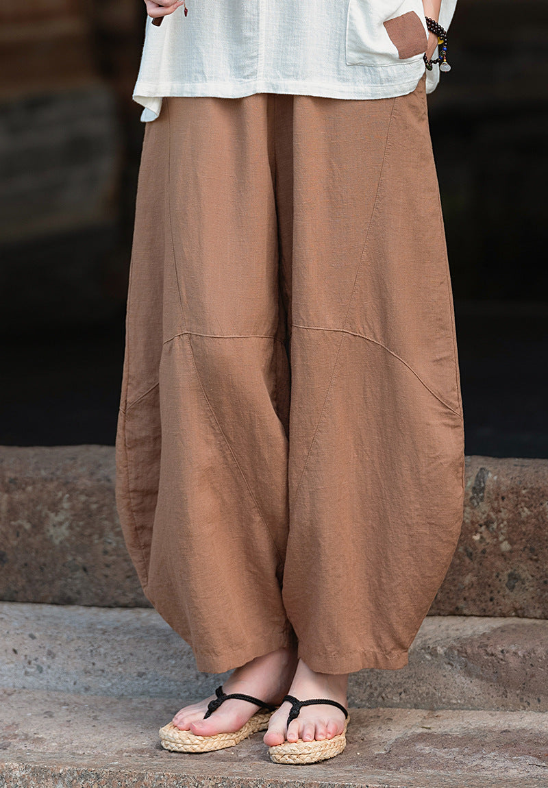 2025 Summer New Retro Zen Casual Pants Women – Linen & Tencel Washed High Waist Wide Leg Culottes for Meditation & Lounge