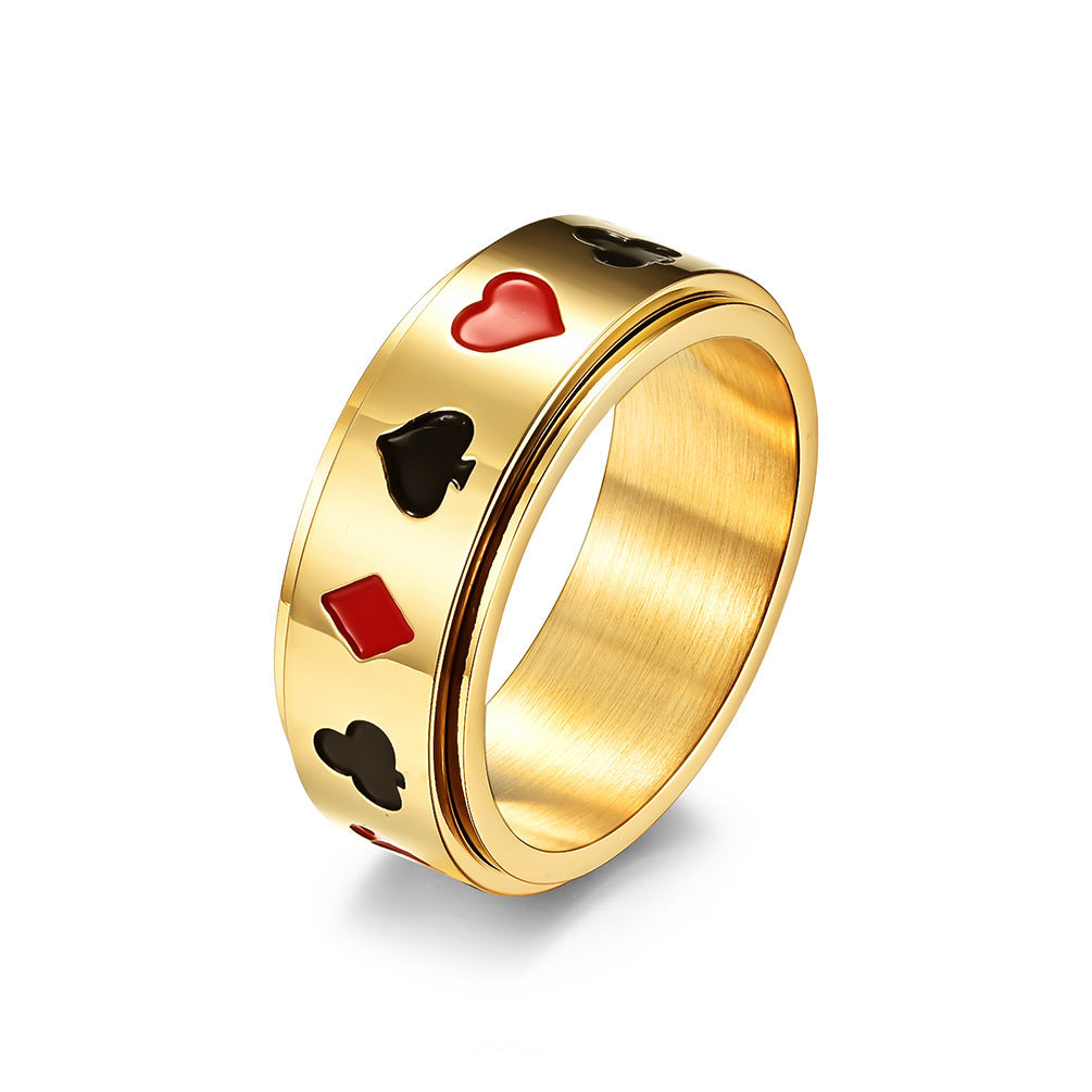 Spade Heart Club Diamond Poker Pattern Titanium Steel Spinning Meditation Ring for Anxiety Relief & Stress Reduction (Unisex)