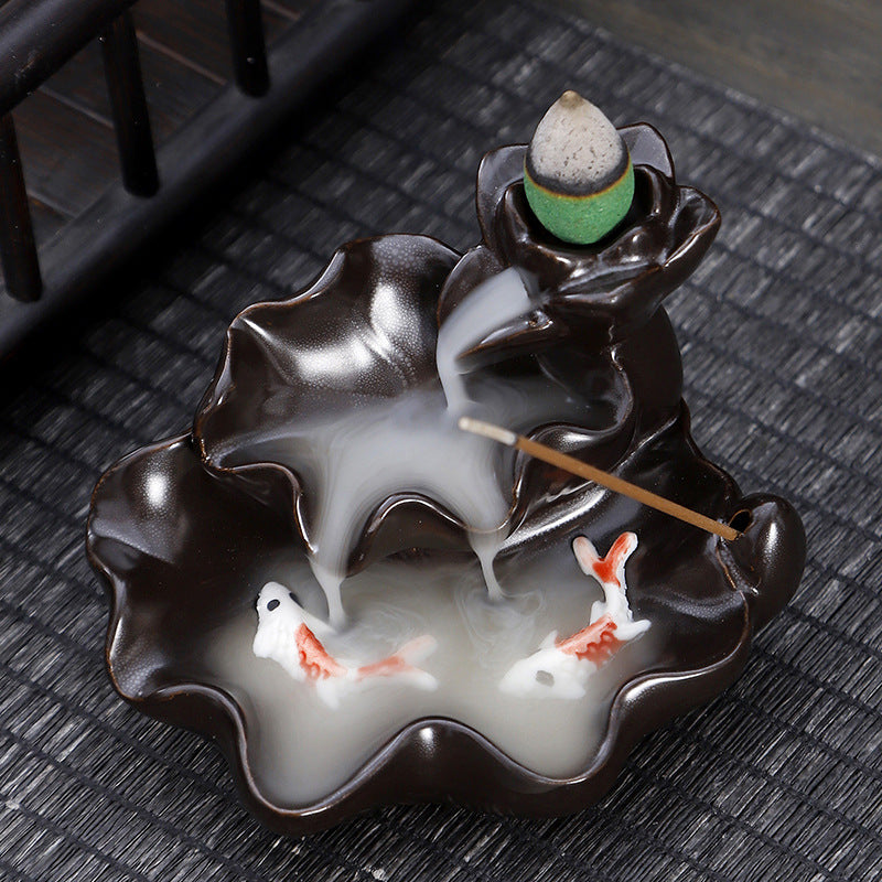 Ceramic Backflow Incense Burner – Handmade Zen Double Fish Design, Reflow Incense Holder for Home Decor, Meditation