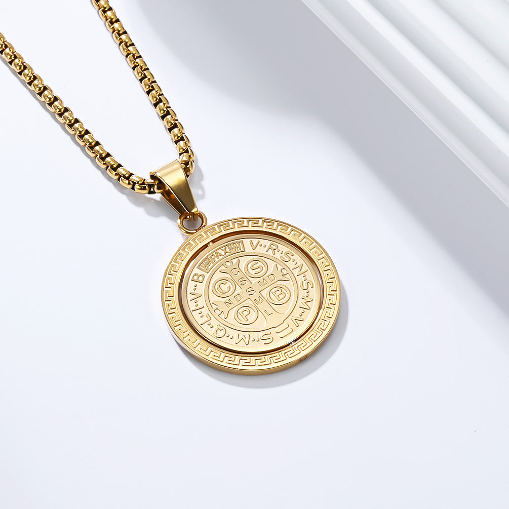St. Benedict Exorcist Medal Spinning Pendant Necklace for Men, Two-Sided Rotatable Protection Charm