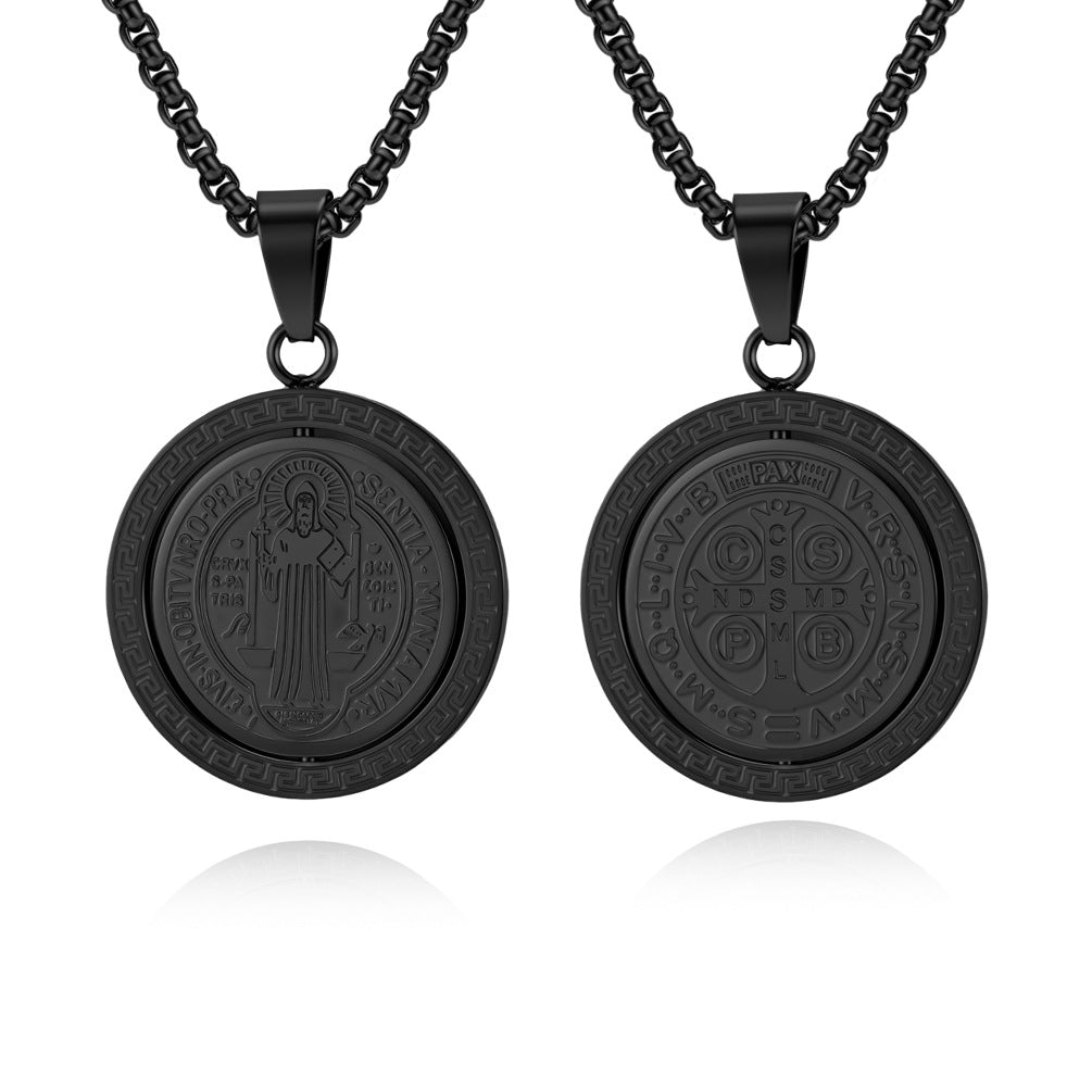 St. Benedict Exorcist Medal Spinning Pendant Necklace for Men, Two-Sided Rotatable Protection Charm