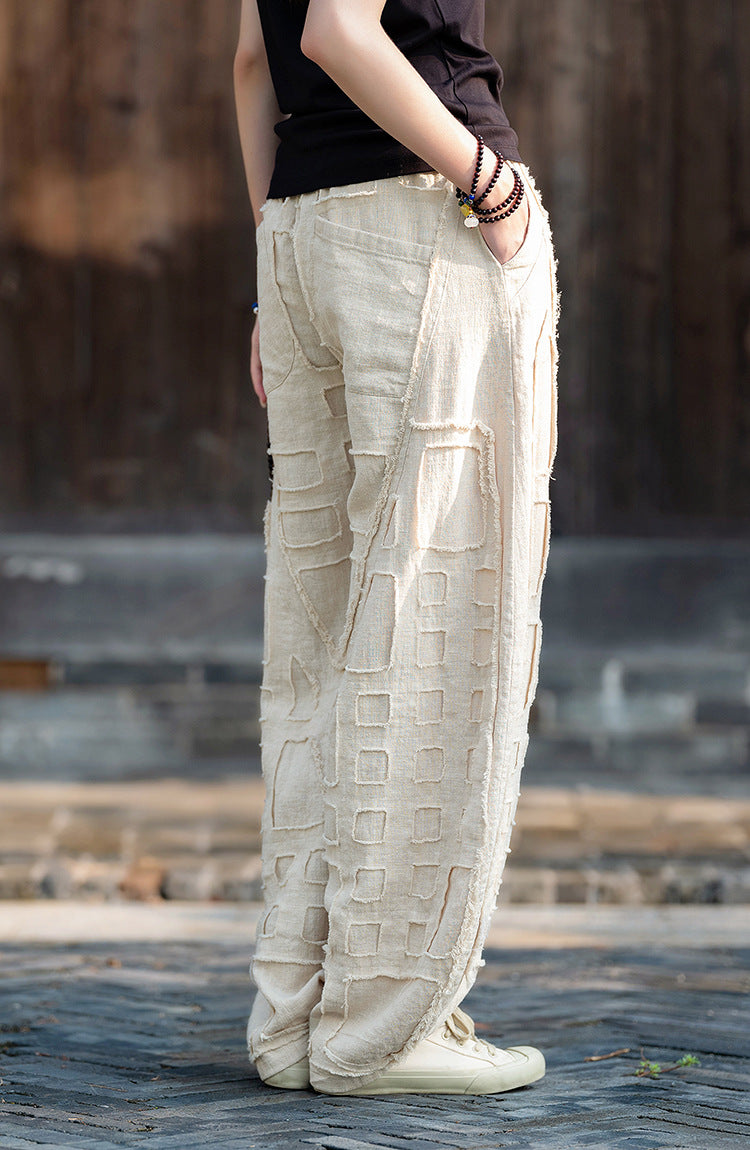 2025 Spring/Summer Original Linen Patchwork Natural Frayed Hem Meditation Harem Pants – Unisex Loose Boho Pants