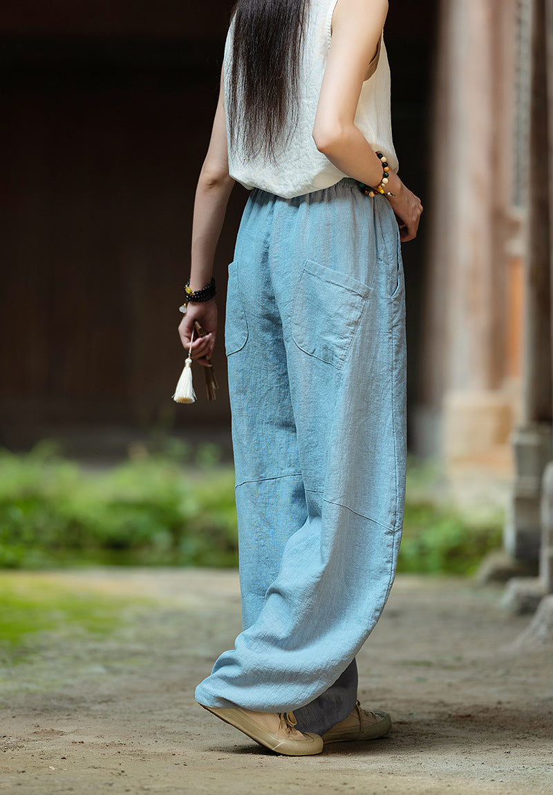 Ramie Sand-Washed Vintage Loose Bohemian Pants Women's Harem Pants – Cotton Linen Meditation Yoga Tai Chi Pants
