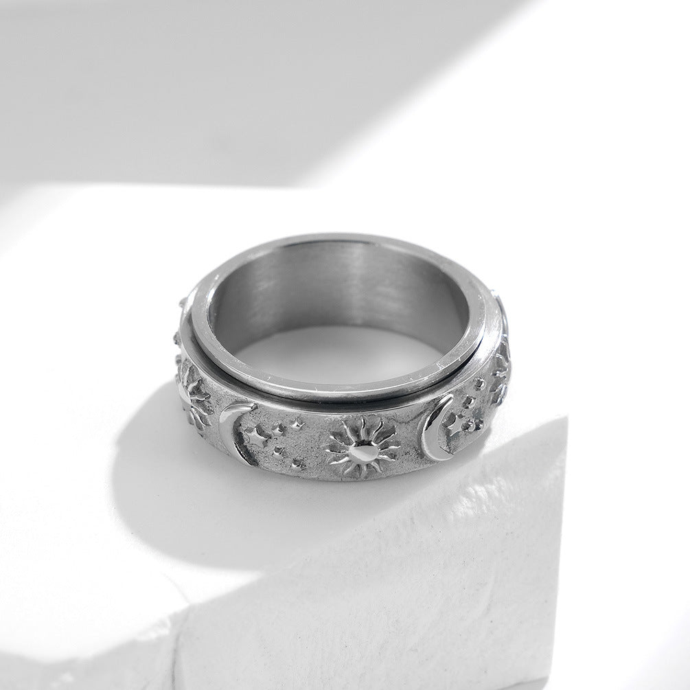 Spinning Sun Moon Stars Ring | Rotating Charm Titanium Steel Fidget Jewelry | Unisex