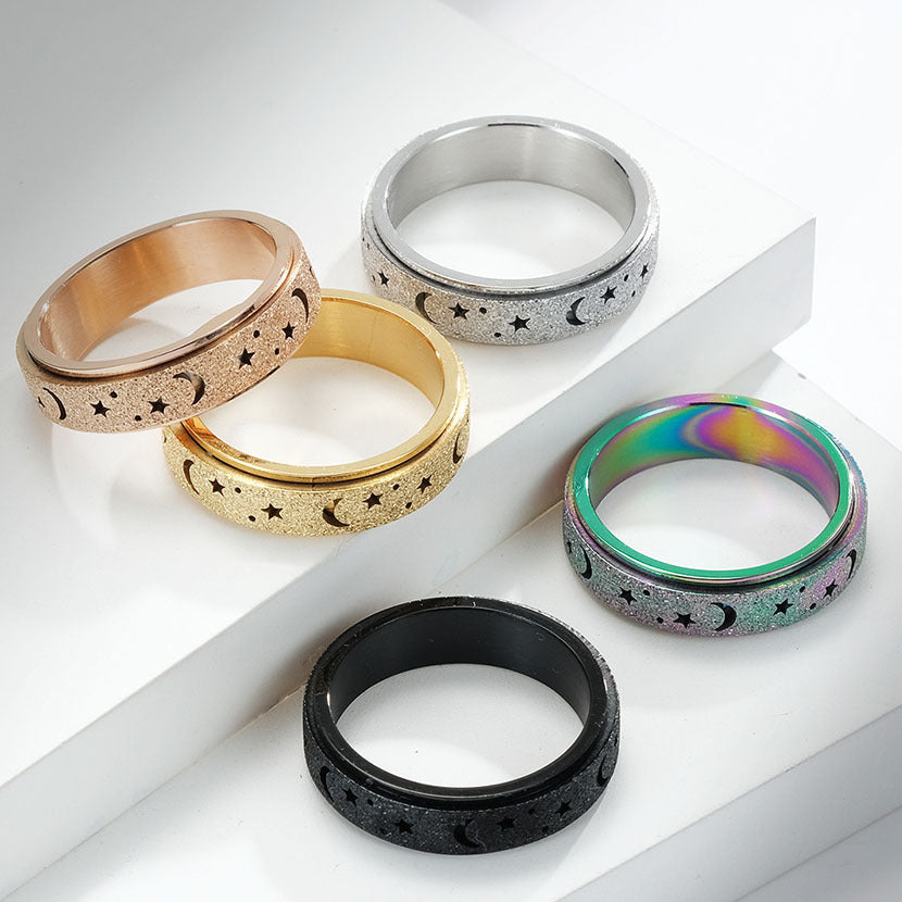Matte Hollow Star Moon Stainless Steel Spinner Ring for Stress Relief Anxiety – Unisex Meditation Jewelry