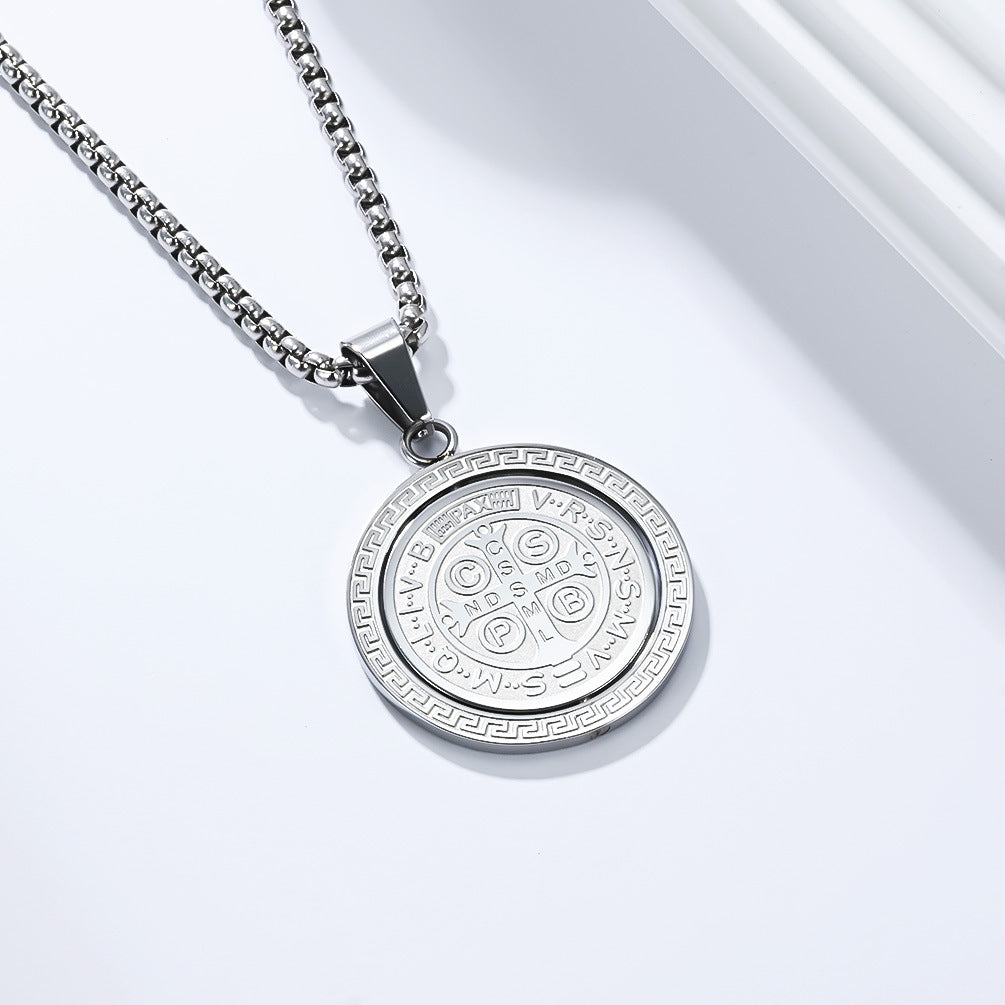 St. Benedict Exorcist Medal Spinning Pendant Necklace for Men, Two-Sided Rotatable Protection Charm