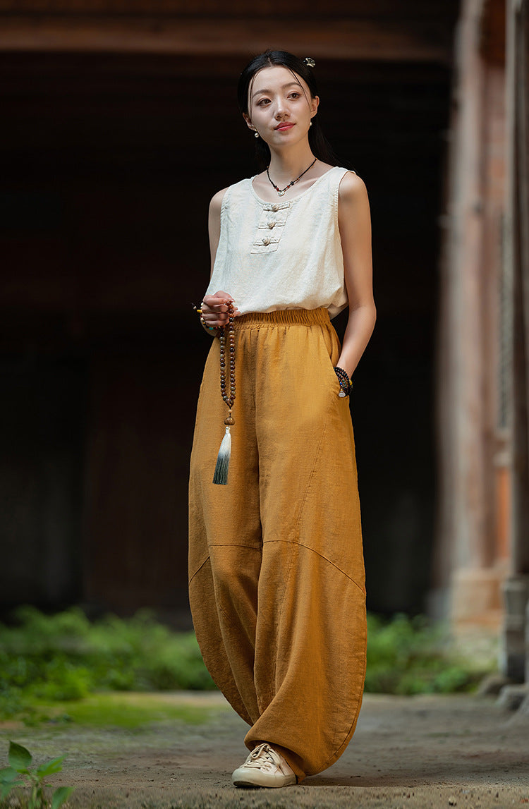 Ramie Sand-Washed Vintage Loose Bohemian Pants Women's Harem Pants – Cotton Linen Meditation Yoga Tai Chi Pants