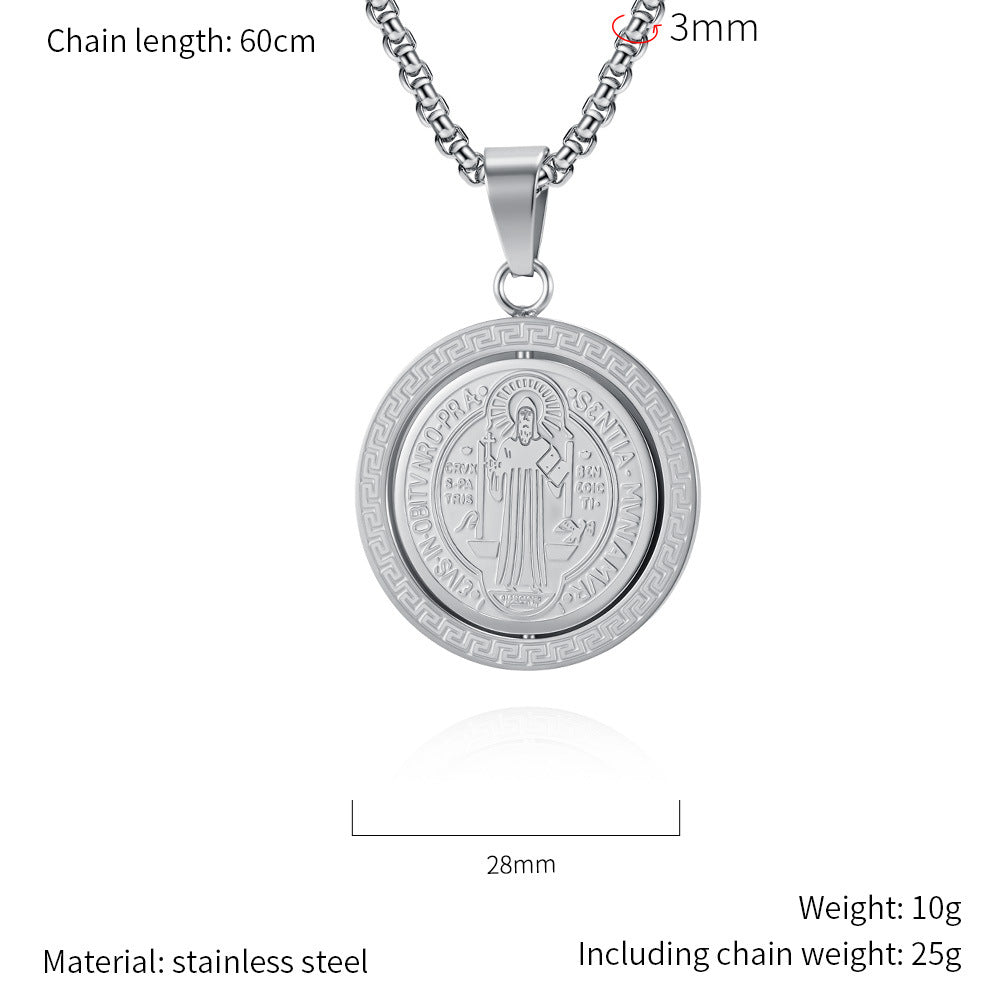 St. Benedict Exorcist Medal Spinning Pendant Necklace for Men, Two-Sided Rotatable Protection Charm