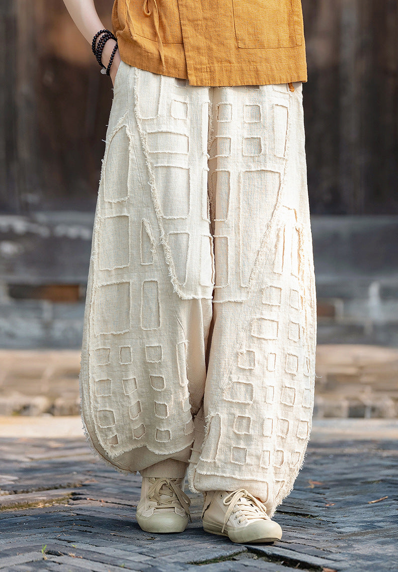 2025 Spring/Summer Original Linen Patchwork Natural Frayed Hem Meditation Harem Pants – Unisex Loose Boho Pants