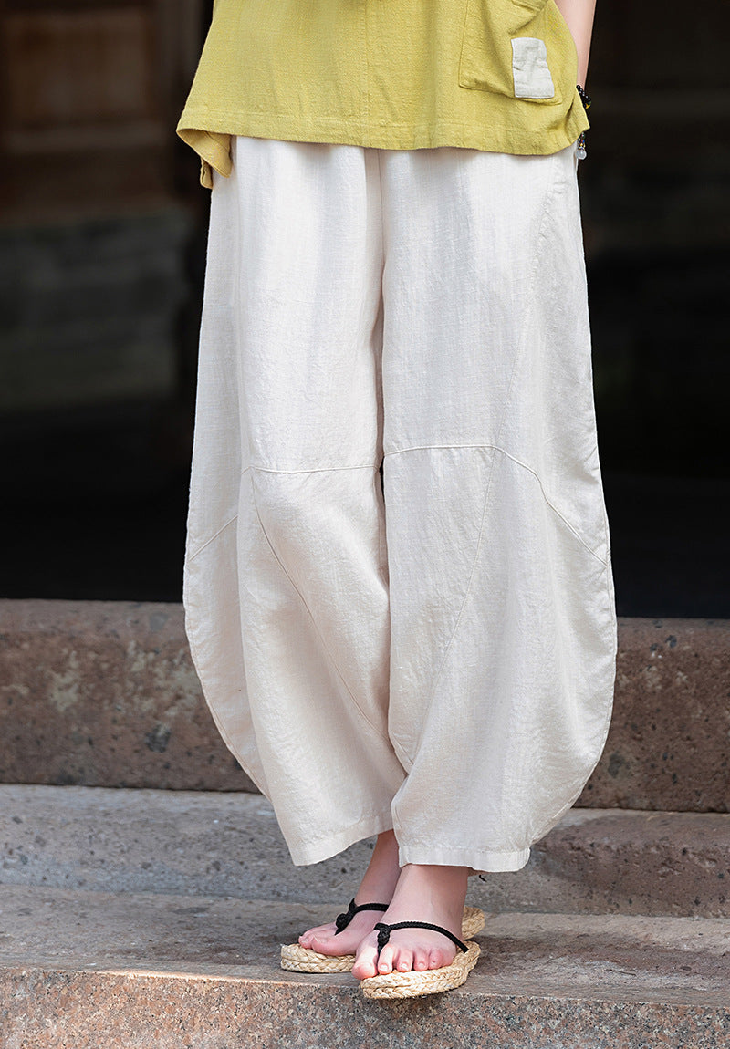 2025 Summer New Retro Zen Casual Pants Women – Linen & Tencel Washed High Waist Wide Leg Culottes for Meditation & Lounge