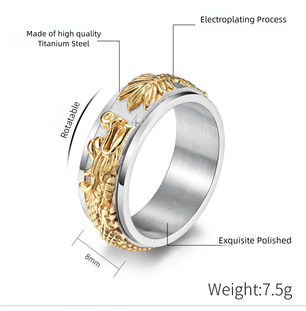 Chinese Dragon Spinning Meditation Ring for Stress Relief - Rotatable Feng Shui Men's Titanium Steel Ring