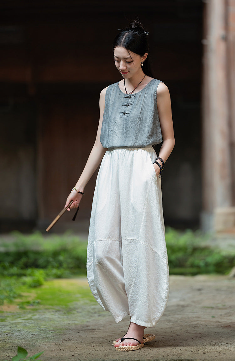 2025 Summer New Retro Zen Casual Pants Women – Linen & Tencel Washed High Waist Wide Leg Culottes for Meditation & Lounge