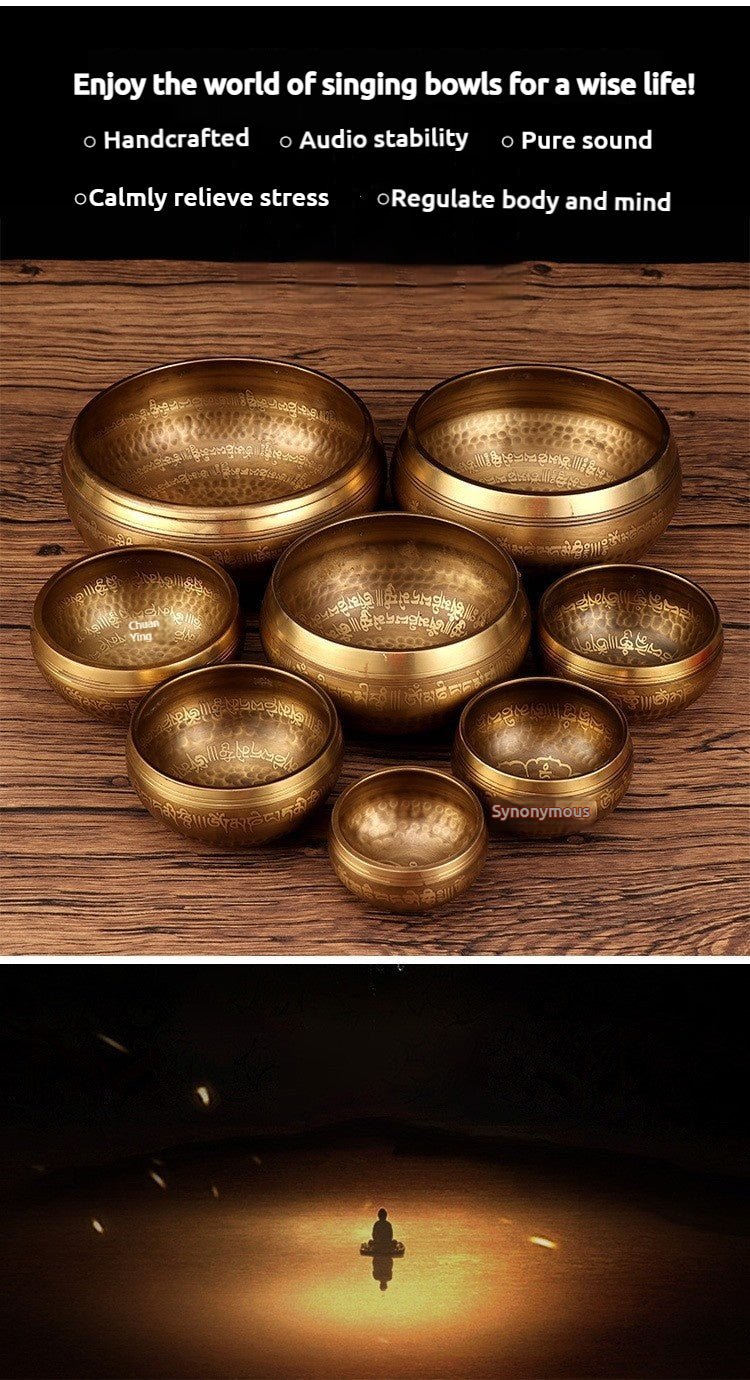 Nepal Handmade Tibetan Singing Bowl - Six-Syllable Mantra Meditation Bowl for Yoga, Sound Healing & Feng Shui (Multiple Sizes)