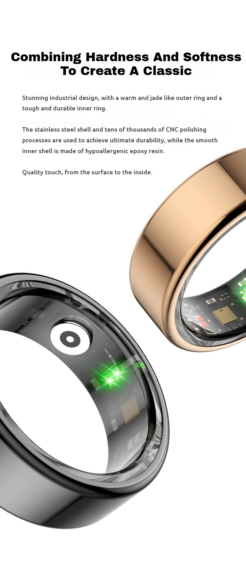 R02 Smart Ring – Waterproof Blood Oxygen Monitor, Sleep Tracker, Heart Rate Monitor, Fitness & Photo Smart Ring (Black/Gold, Multiple Sizes)