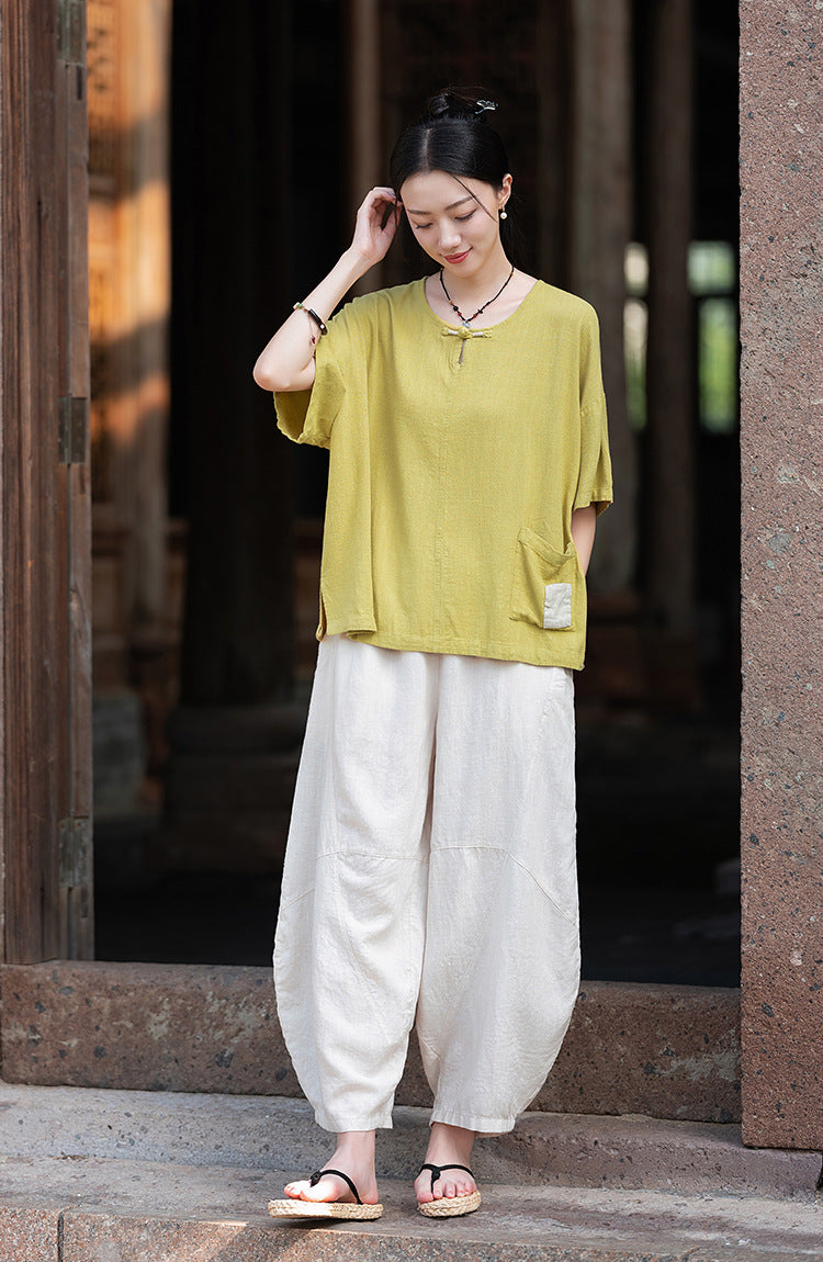 2025 Summer New Retro Zen Casual Pants Women – Linen & Tencel Washed High Waist Wide Leg Culottes for Meditation & Lounge