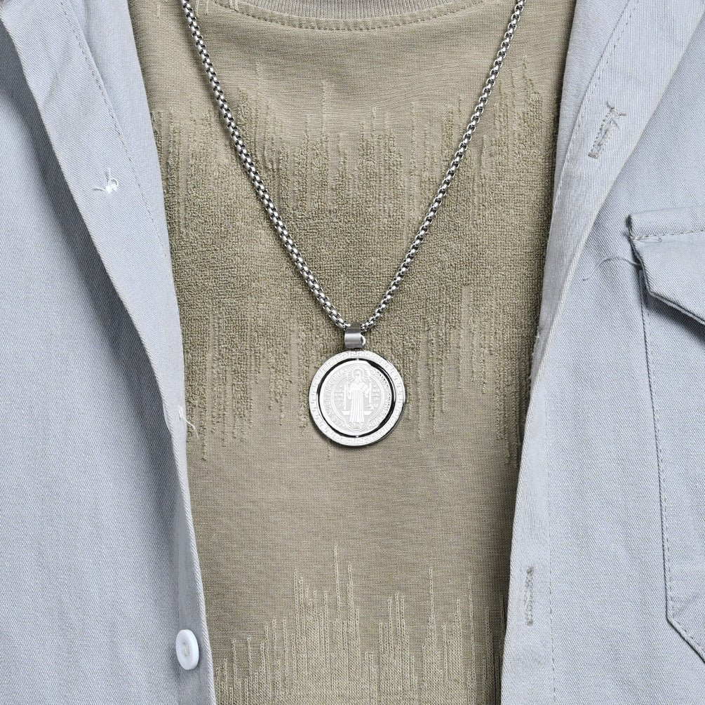 St. Benedict Exorcist Medal Spinning Pendant Necklace for Men, Two-Sided Rotatable Protection Charm