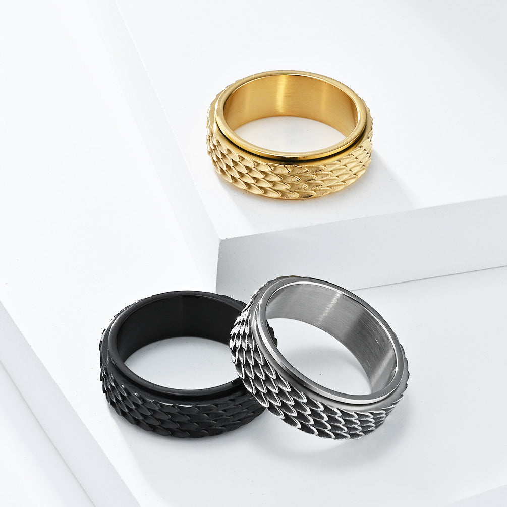 Vintage Dragon Scale Spinner Titanium Steel Ring Anxiety Relief Meditation Ring for Men Angel Feather Stainless Steel Finger Ring