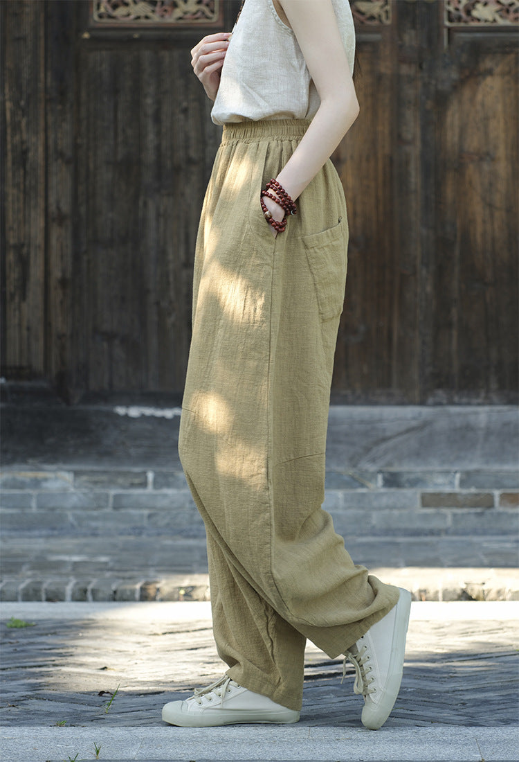 Ramie Sand-Washed Vintage Loose Bohemian Pants Women's Harem Pants – Cotton Linen Meditation Yoga Tai Chi Pants