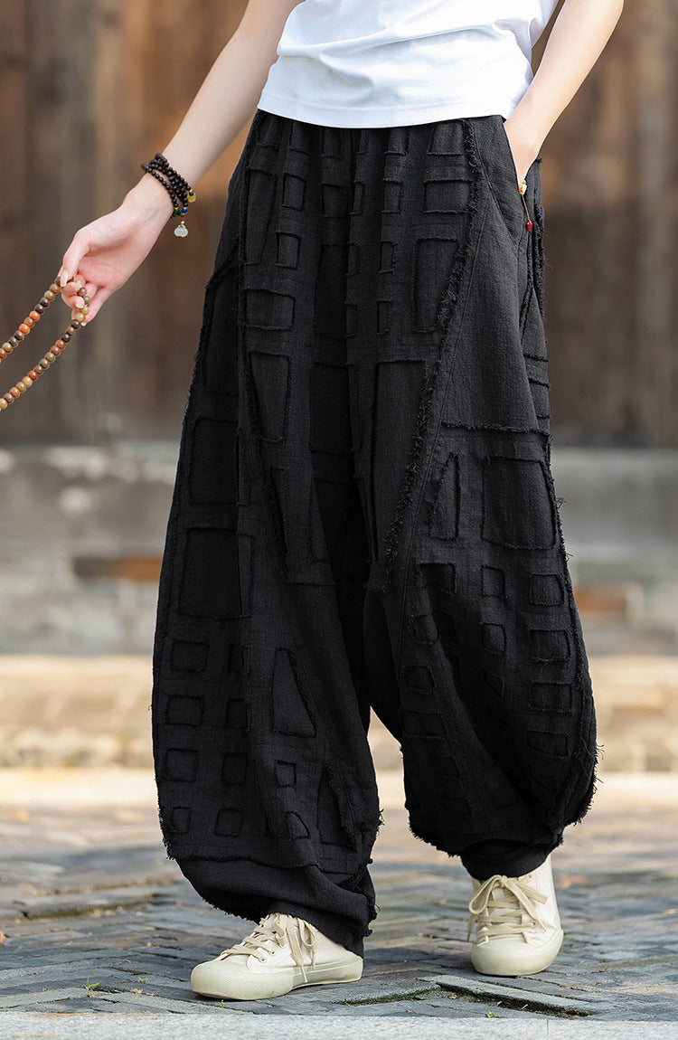 2025 Spring/Summer Original Linen Patchwork Natural Frayed Hem Meditation Harem Pants – Unisex Loose Boho Pants