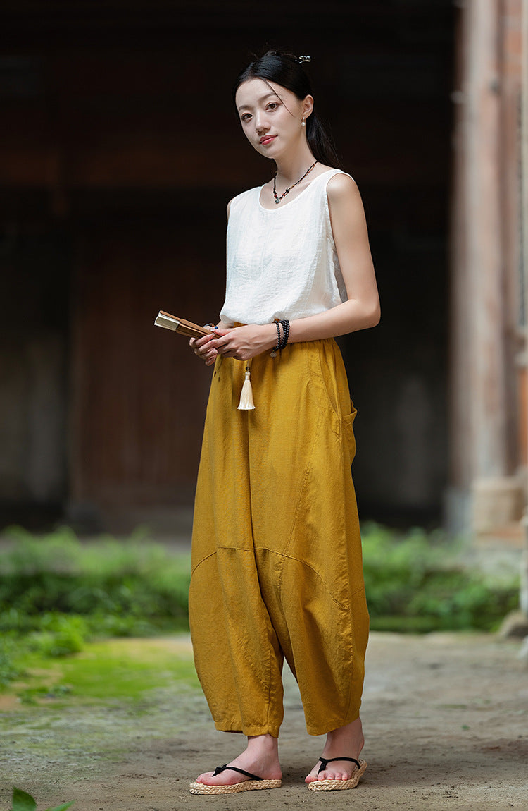 2025 Summer New Retro Zen Casual Pants Women – Linen & Tencel Washed High Waist Wide Leg Culottes for Meditation & Lounge