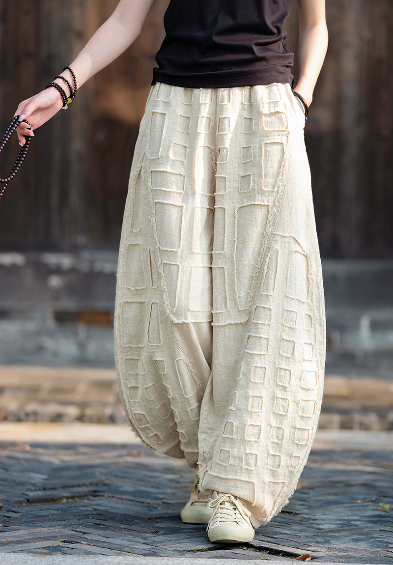 2025 Spring/Summer Original Linen Patchwork Natural Frayed Hem Meditation Harem Pants – Unisex Loose Boho Pants