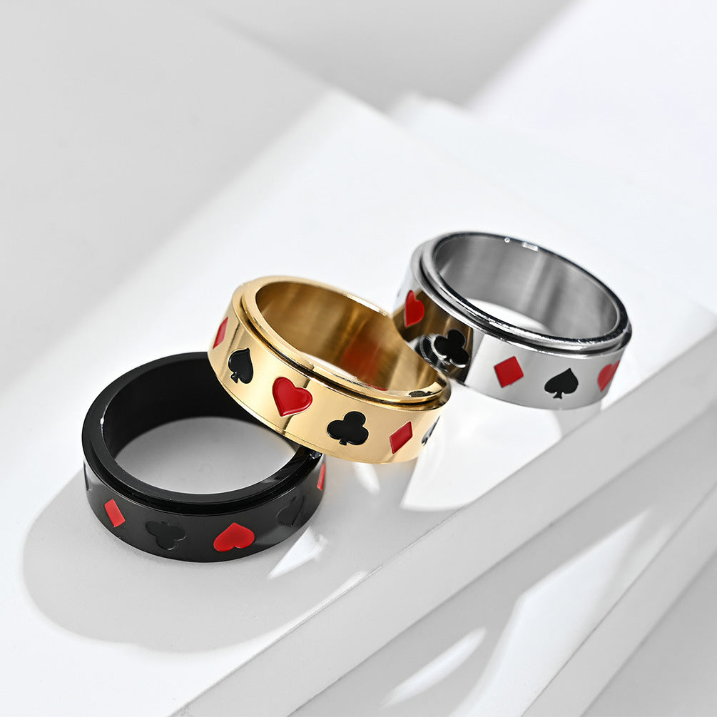 Spade Heart Club Diamond Poker Pattern Titanium Steel Spinning Meditation Ring for Anxiety Relief & Stress Reduction (Unisex)