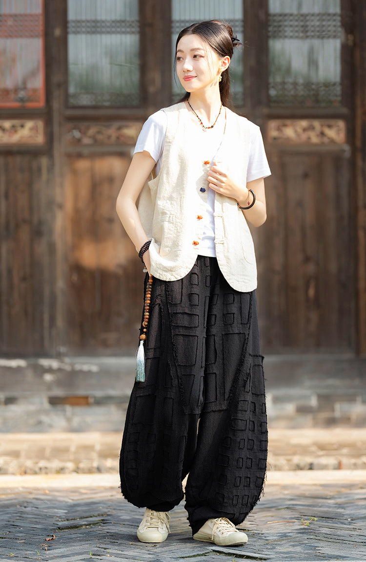 2025 Spring/Summer Original Linen Patchwork Natural Frayed Hem Meditation Harem Pants – Unisex Loose Boho Pants