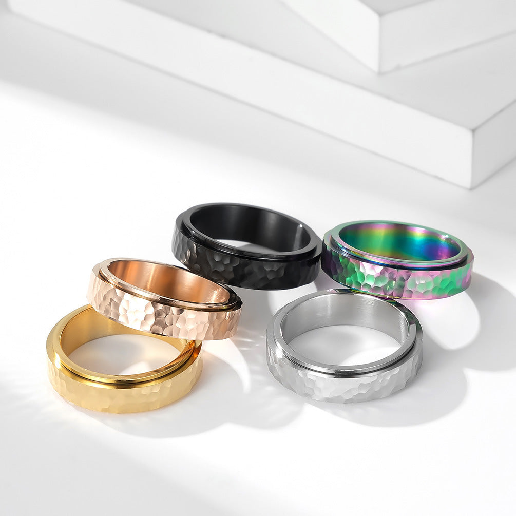 Moon Crater Titanium Spinning Meditation Ring – Hand-Forged Irregular Pattern – Anxiety Relief Jewelry (Unisex)