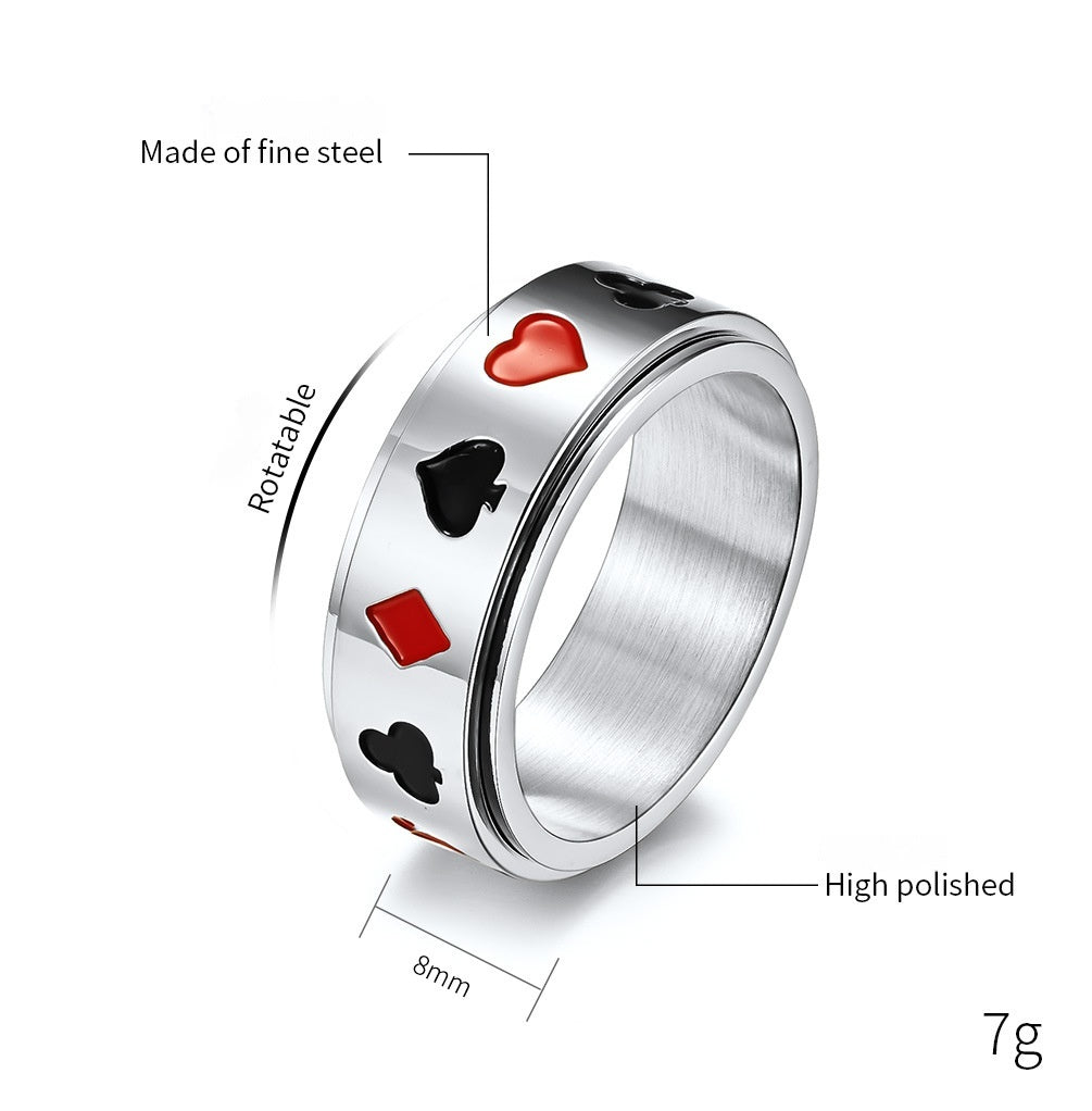 Spade Heart Club Diamond Poker Pattern Titanium Steel Spinning Meditation Ring for Anxiety Relief & Stress Reduction (Unisex)
